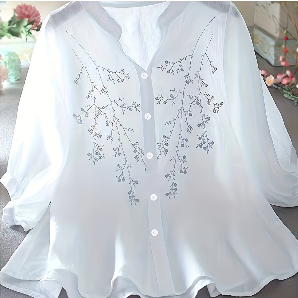 Love U Dear White Button Down with Grey Embroidery Size 2XL